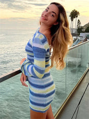 Striped Printed Knit Dress Cover Ups For Women Long Sleeve Loose Knitted Beach Swimwear Cover Ups Dress Backless KnitwearChristmas Gifts