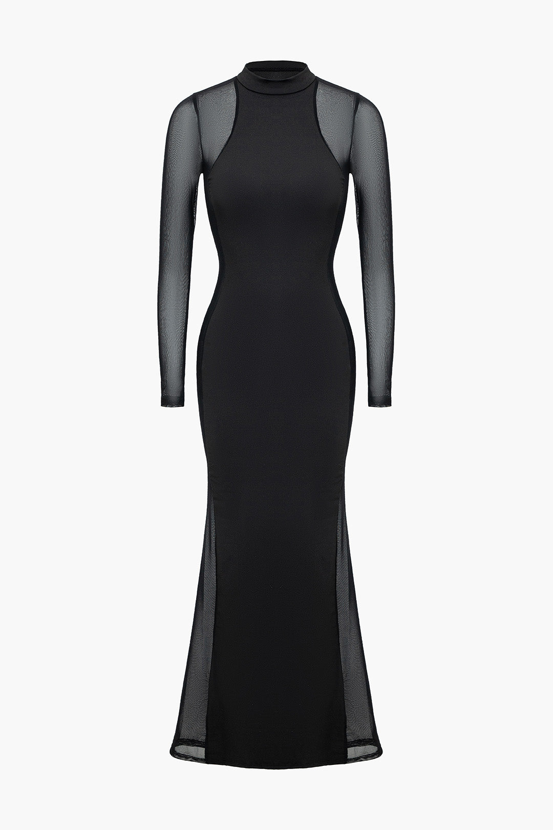 Sheer Mesh Patchwork Mock Neck Long Sleeve Maxi Dress
