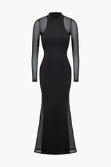 Sheer Mesh Patchwork Mock Neck Long Sleeve Maxi Dress