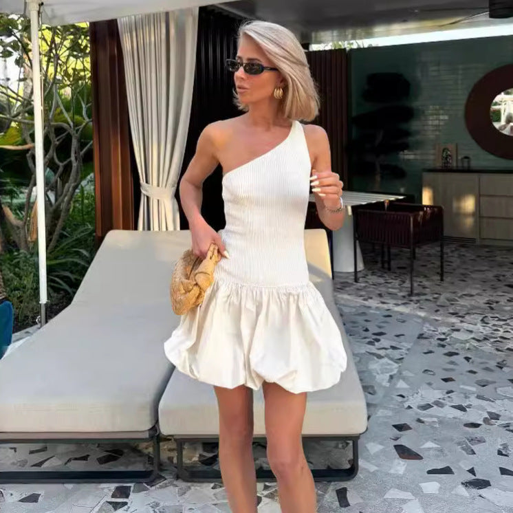 Elegant Knit Dress Women Sleeveless Off Shoulder Splice Folds Mini Dresses Ladies Hoilday Slim High Waist Dress Femme NewChristmas Gifts