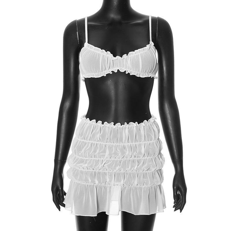 Sexy Camisole-Oberteil mit niedriger Taille, gestapelter gerüschter Rock, 2-teiliges Set, einfarbig, ärmellos, rückenfrei, Strandurlaub, Sommer-Outfit 