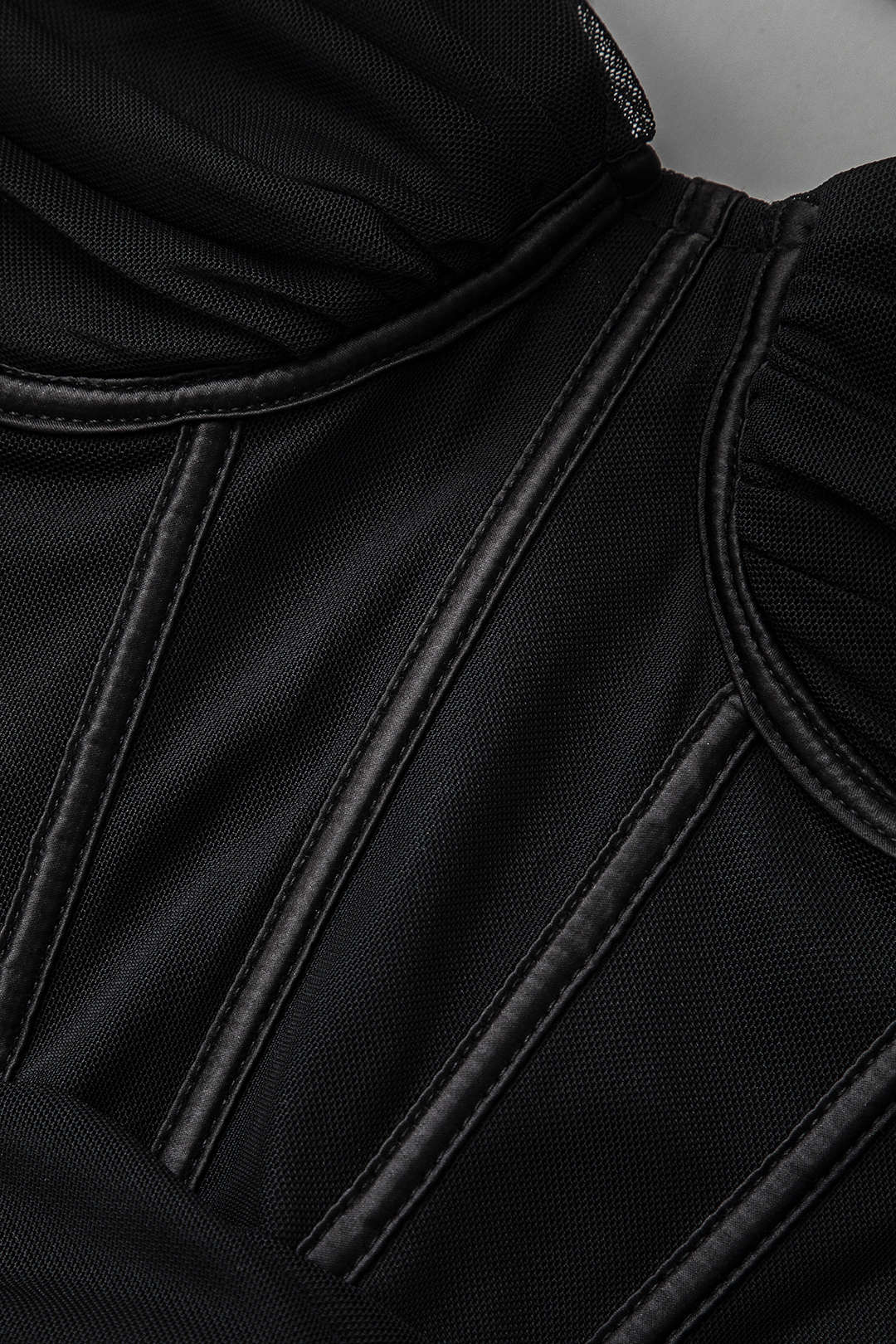 Gerüschtes Neckholder-Bustier-Minikleid aus Netzstoff mit Bindeband 