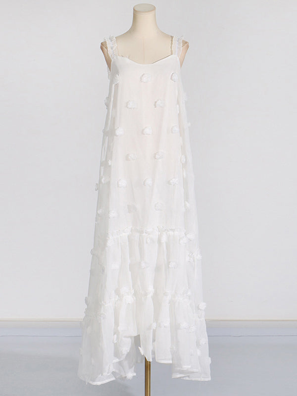 Layered Pleated Split-Joint Three-Dimensional Flower A-Line High Waisted Spaghetti-Neck Maxi Dresses