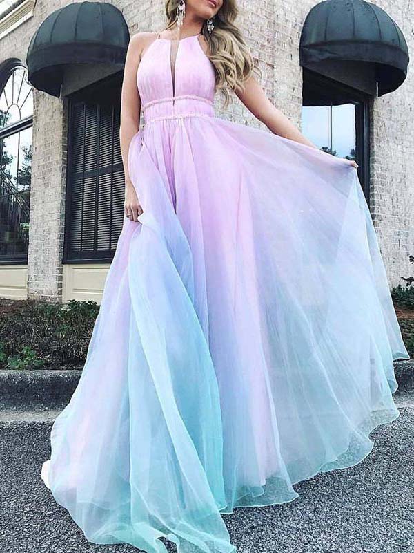Candy-Colored Gradient Condole Belt Maxi Dresses
