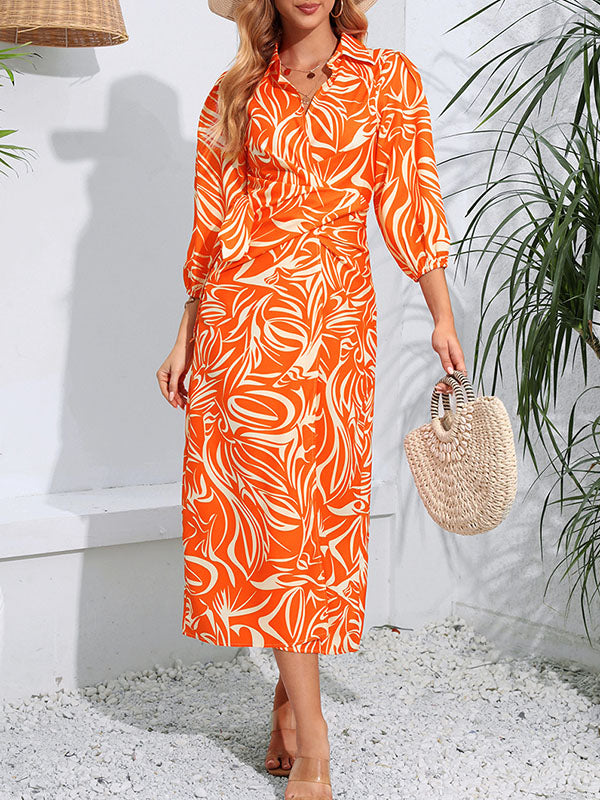 Elasticity Printed Tied Waist A-Line High Waisted Lapel Shirt Dress Midi Dresses