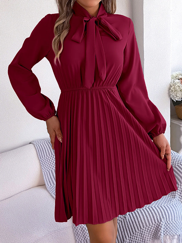 Pleated Solid Color Tied Long Sleeves Loose Mock Neck Mini Dresses