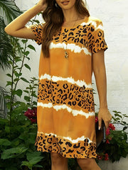 Loose Short Sleeves Leopard Round-Neck Midi Dresses