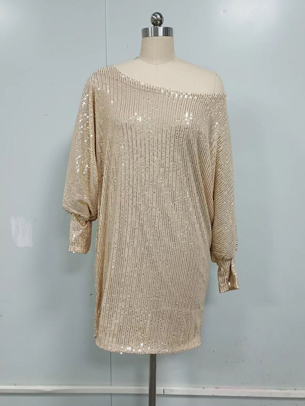 Asymmetric Sequined Solid Color A-line Loose One-shoulder Short Dresses Mini Dresses