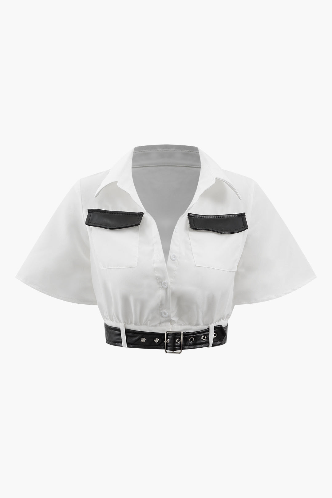 Contrast Pocket Belted Crop Shirt