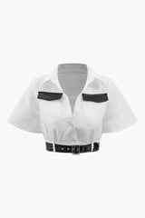 Contrast Pocket Belted Crop Shirt