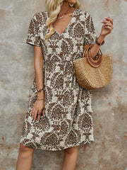 Buttoned Pleated Printed Split-Joint A-Line High Waisted V-Neck Mini Dresses