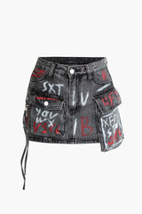 Graffiti Flap Pocket Denim Mini Skirt