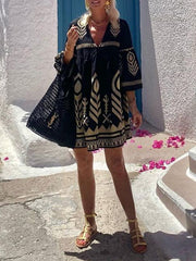 Flared Sleeves Loose Embroidered Split-Joint Deep V-Neck Mini Dresses