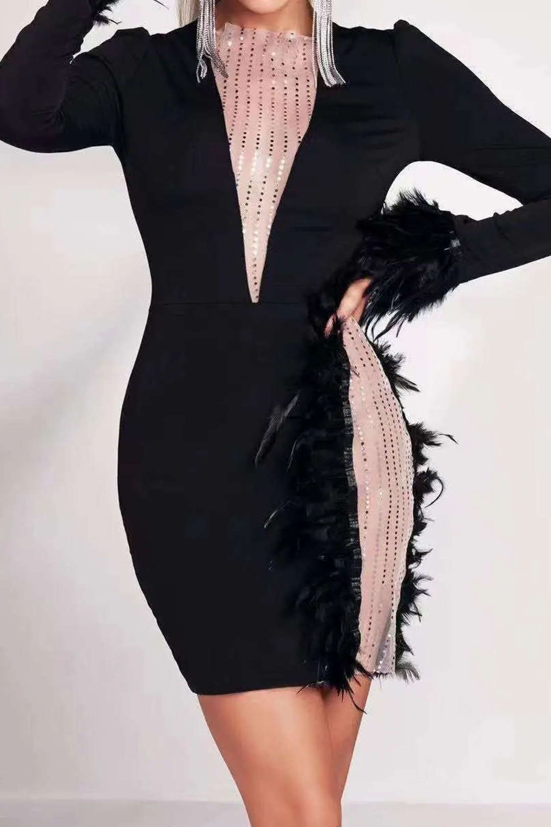 Deep V-neck Patchwork Feather Long Sleeve Mini Dress