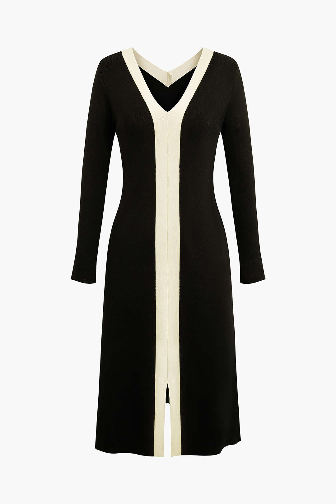 Contrast Trim Slit V-neck Long Sleeve Knit Dress