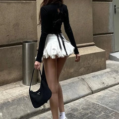 Bow Skirt Sets For Women Sexy Backless Bandage Lace Up Shirt Femme Fashion Folds Mini Skirts 2 Piece Suits Womens OutfitsChristmas Gifts