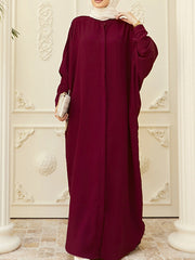 Batwing Sleeves Loose Buttoned Muslim Solid Color Split-Side Round-Neck Maxi Dresses