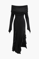 Schulterfreies Maxikleid mit Schlitz und Rüschenbesatz 