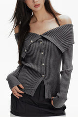 Off Shoulder Wrap Tie Halter Button Up Knit Top