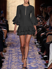 Double Layered Pleated Split-Joint Zipper A-Line Flared Sleeves Round-Neck Mini Dresses