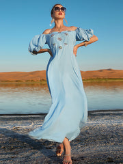 Vacation Loose Puff Sleeves Solid Color One-Shoulder Dress