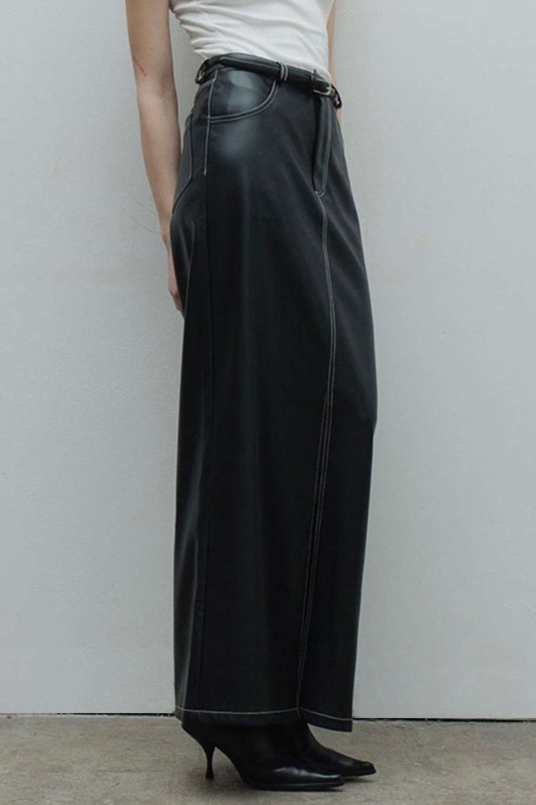 Stitching Detail Faux Leather Split Maxi Skirt