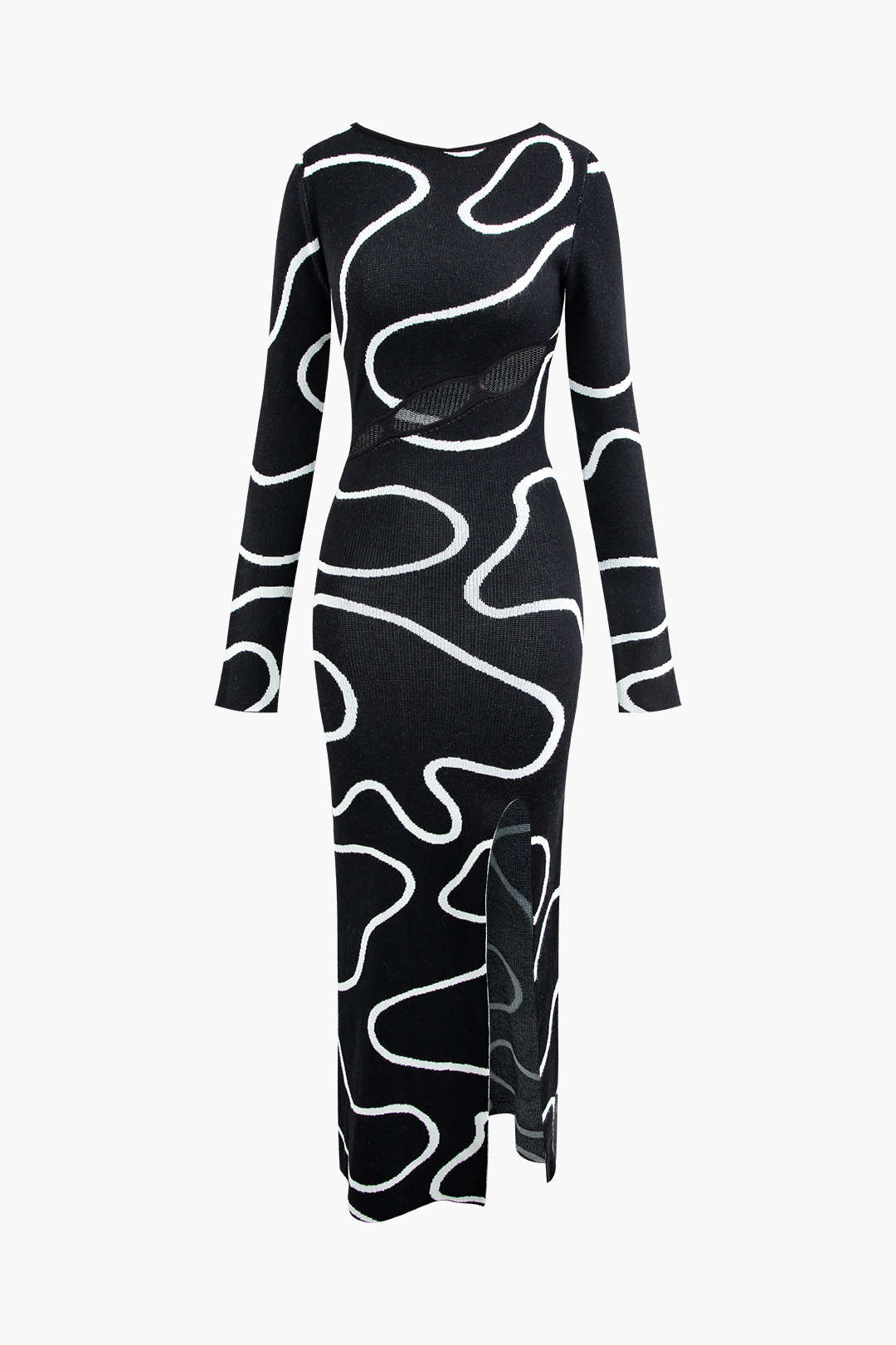 Line Pattern Round Neck Knit Long Sleeve Cut Out Slit Maxi Dress