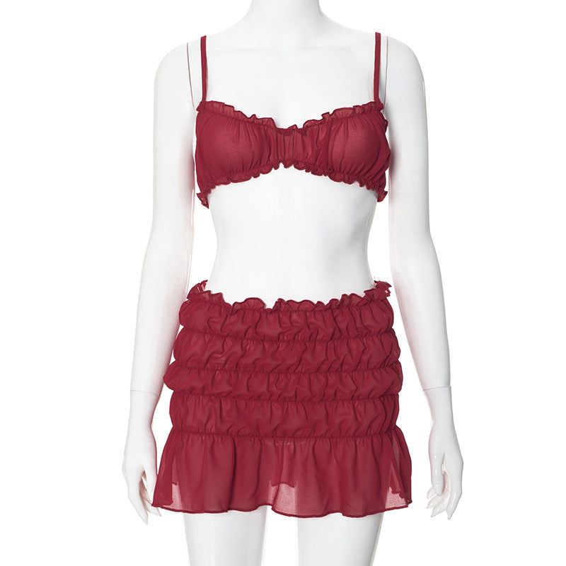 Sexy Camisole-Oberteil mit niedriger Taille, gestapelter gerüschter Rock, 2-teiliges Set, einfarbig, ärmellos, rückenfrei, Strandurlaub, Sommer-Outfit 