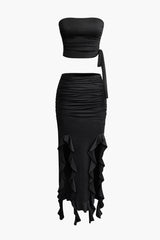 Knot Tie Tube Top And Ruffle Hem Ruched Skirt Set