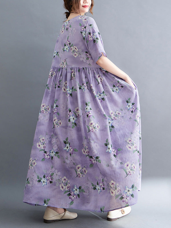 Vacation Short Sleeves Loose Floral Printed Round-Neck Midi Dresses