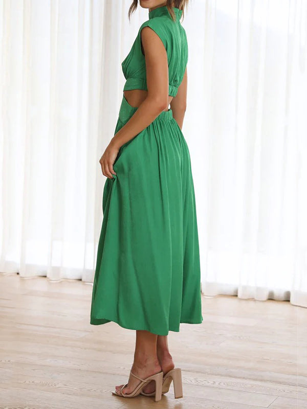Belly-Hollow Pleated Solid Color Cap Sleeve Stand Collar Maxi Dresses