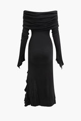 Schulterfreies Maxikleid mit Schlitz und Rüschenbesatz 