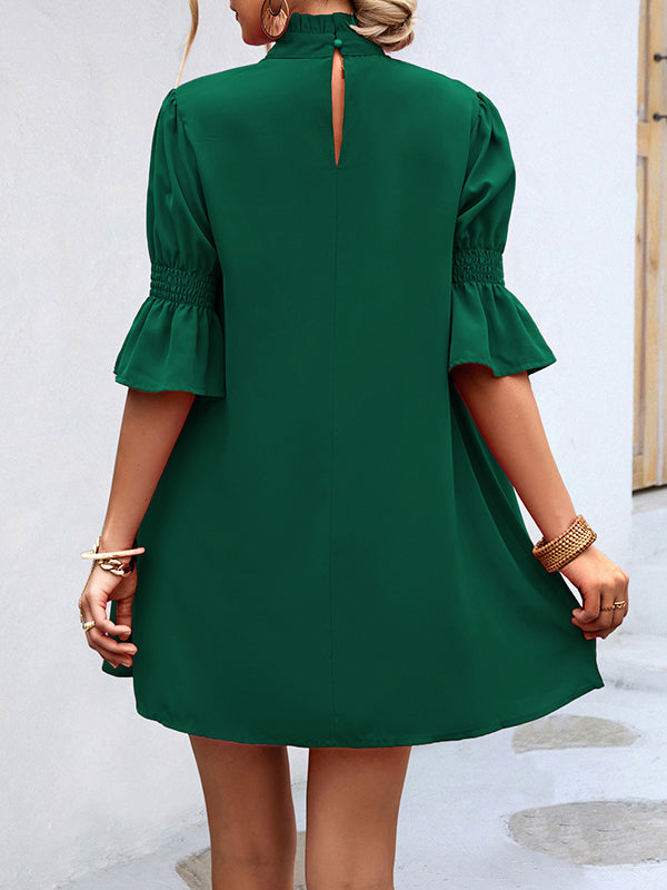 Half Sleeves Loose Solid Color High-Neck Mini Dresses