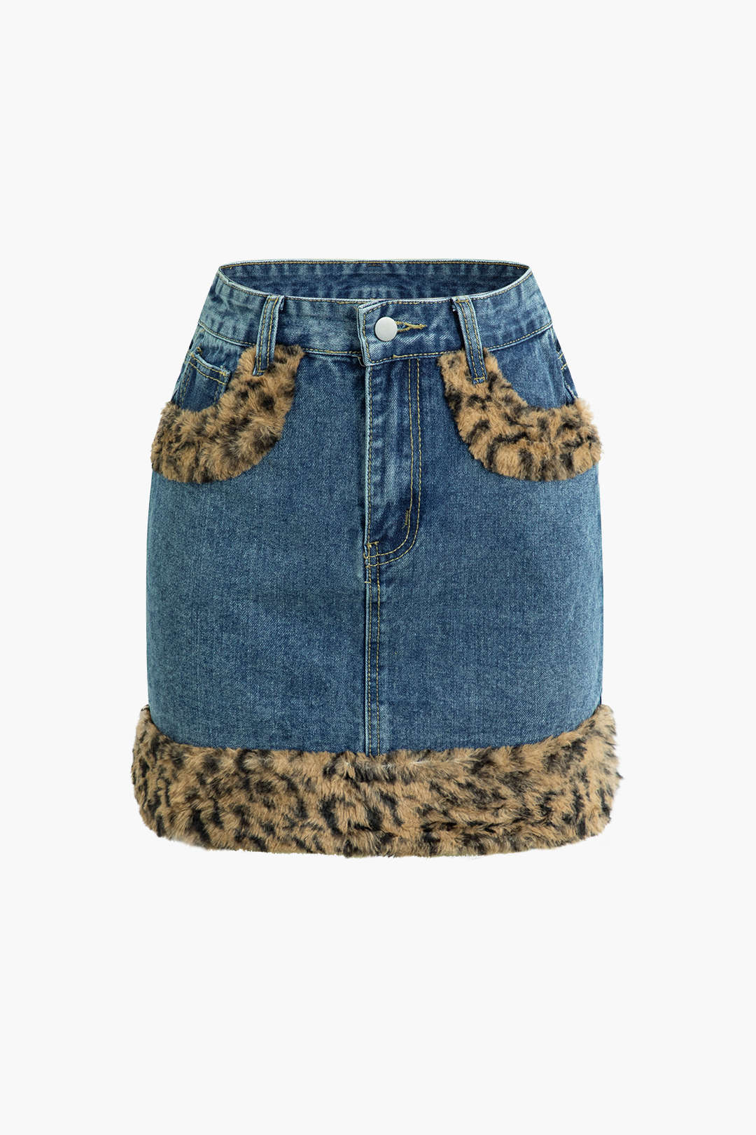 Leopard Pattern Faux Fur Detail Denim Mini Skirt