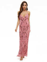 Evening Wrap A-Line Backless Embroidered V-Neck Maxi Dress