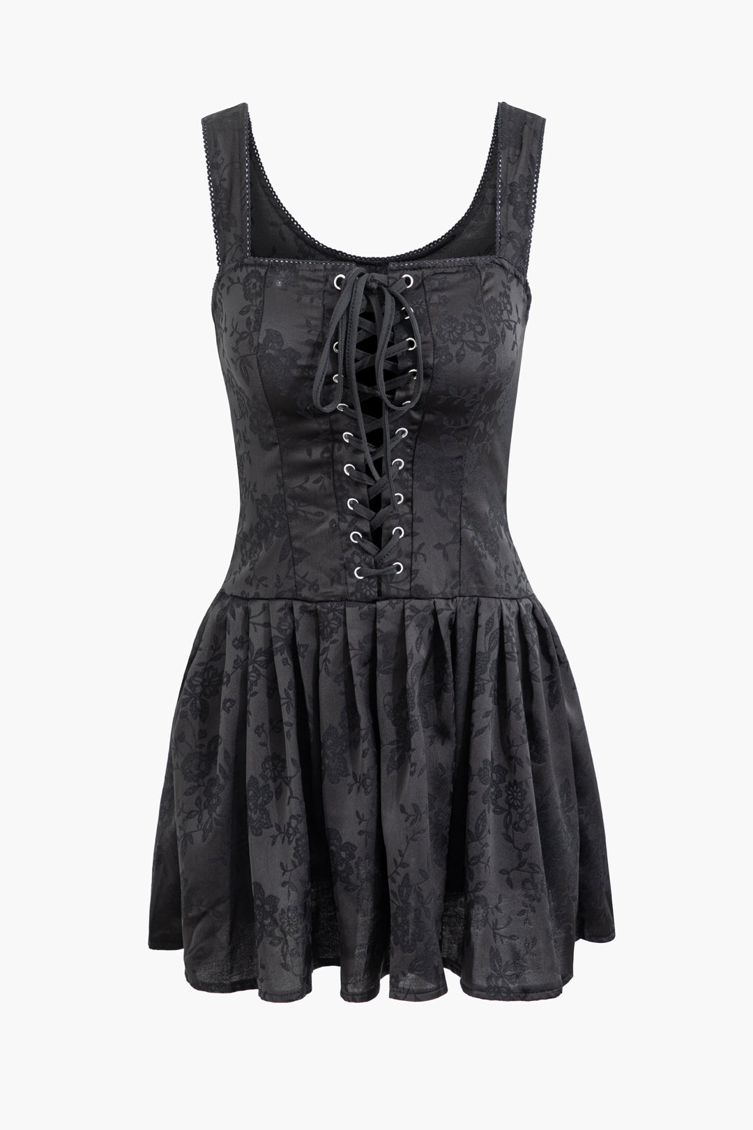 Ärmelloses Jacquard-Minikleid mit Ösen und eckigem Ausschnitt, Plissee 