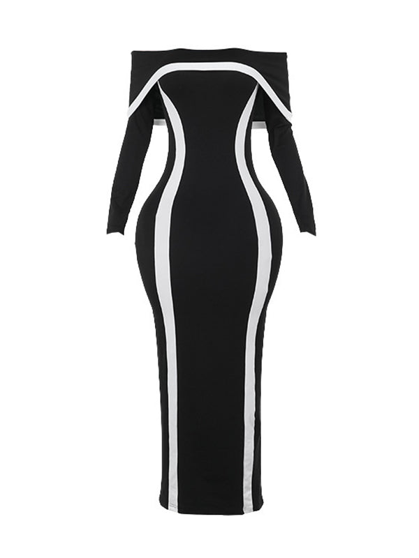 Bodycon Long Sleeves Contrast Color Split-Joint Off-The-Shoulder Evening Dresses Maxi Dresses