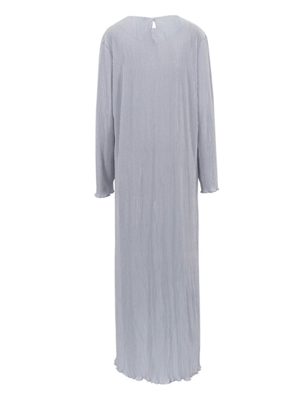 Long Sleeves Loose Pleated Solid Color Round-Neck Maxi Dresses