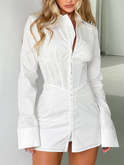 High Waisted Long Sleeves Buckle Solid Color Split-Front Lapel Mini Dresses