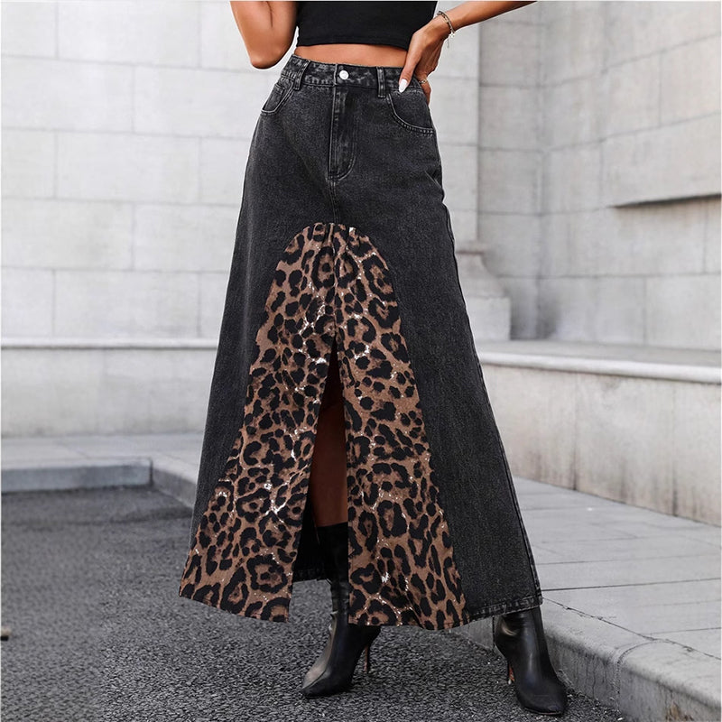 Leopard Splice Denim Rock Für Frauen Herbst Neue Streetwear Vielseitig Midi Rock Hohe Taille Slit Print Lady Fashion Rock 