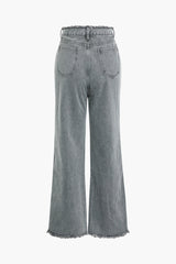 Frayed Trim Ripped High Waist Straight Leg Jeans