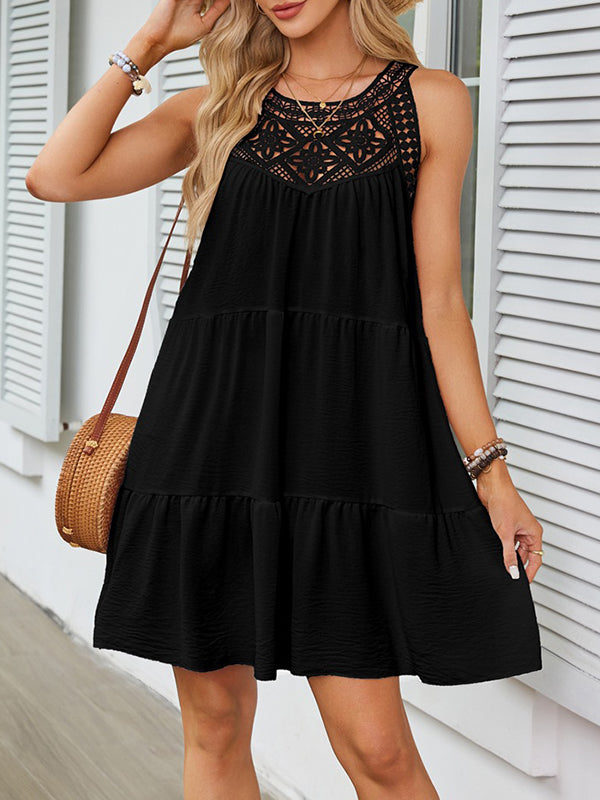 Hollow Pleated Solid Color Split-Joint A-Line Loose Round-Neck Mini Dresses