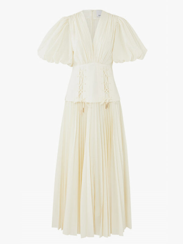 Solid Color Puff Sleeves Pleated High-Waisted Elegant Maxi Dresses