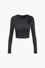 Cut Out Shoulder Ribbed Long Sleeve Top