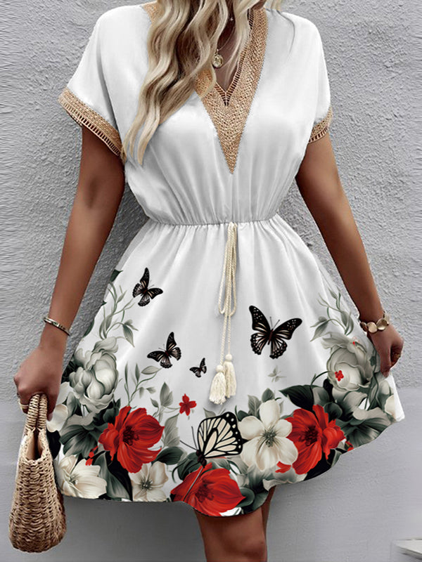 A-Line Loose Butterfly Print Elasticity Hollow Split-Joint Tasseled Tied Waist V-Neck Mini Dresses