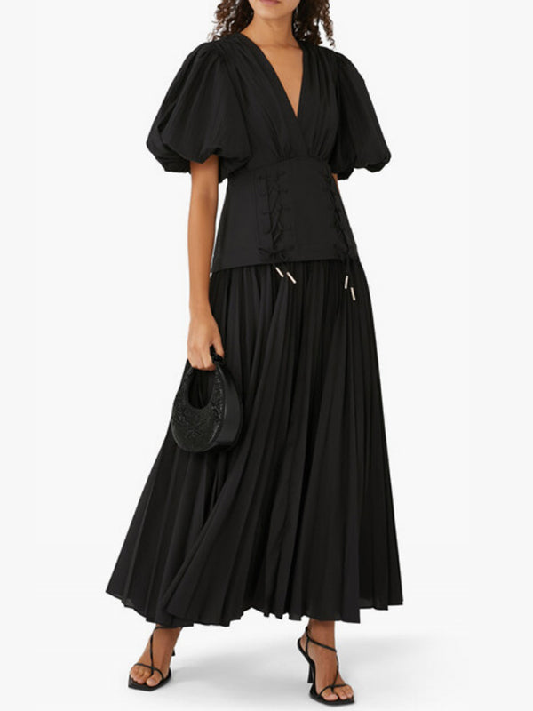 Solid Color Puff Sleeves Pleated High-Waisted Elegant Maxi Dresses