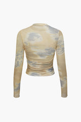 Tie Dye Ruched Mesh Long Sleeve Top