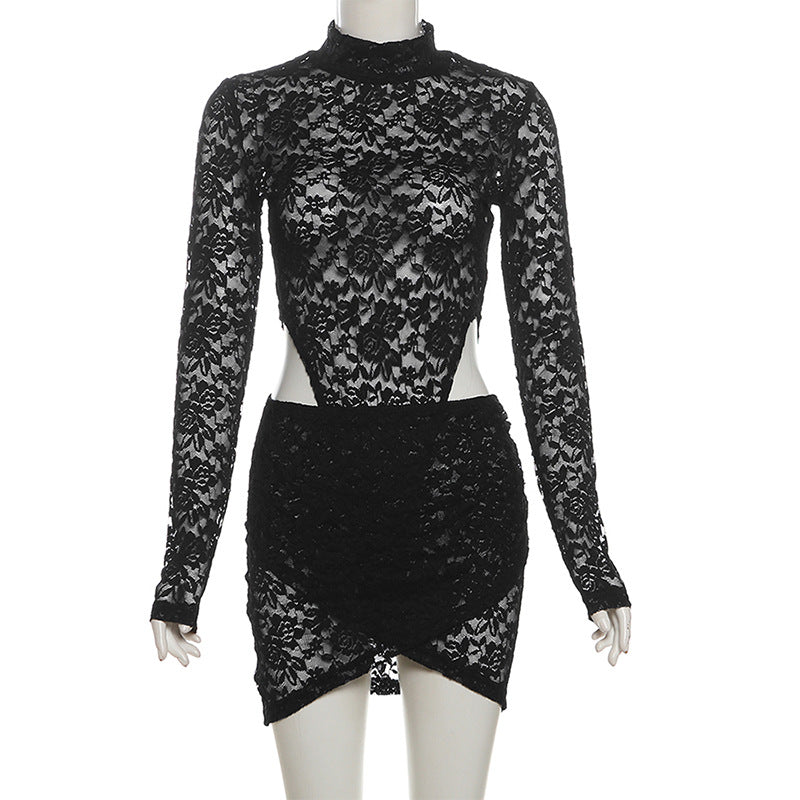 Lace Hollow See-through Skirt Set 2 Piece Women's Black Long Sleeve Bodysuit Solid Color Skirt Party Short Skirt Set Y2k