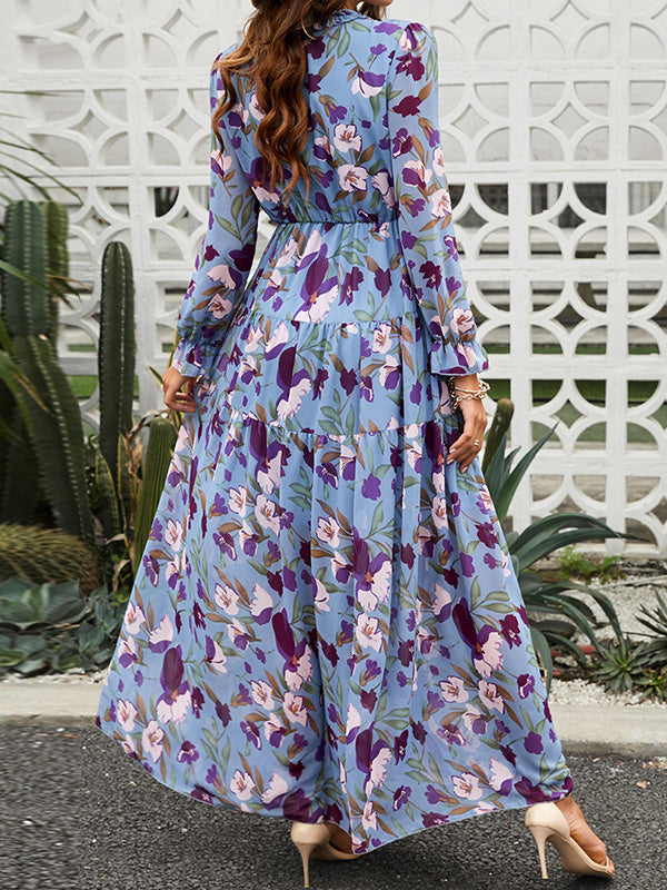Flower Print Pleated Ruffled High Waisted Long Sleeves V-Neck Maxi Dresses