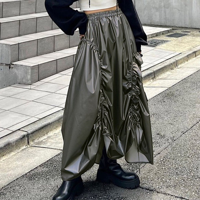 Retro A-Linien-Rock für Damen, hohe Taille, einfarbig, Kordelzug, plissierter Regenschirmrock, Streetwear, lässiger Y2k-Rock, weibliche Outfits 